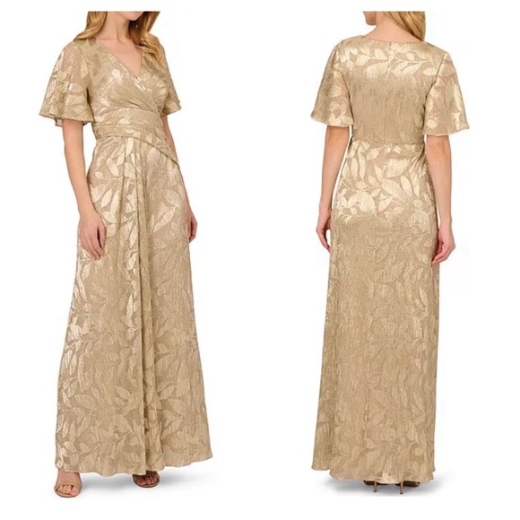 Adrianna Papell | Dresses | Adrianna Papell Gold Foil Leaf Draped Full  Length Formal Gown Womens 4 New | Poshmark